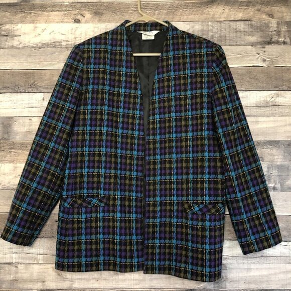 Vintage Jewel Tone Plaid Wool Blazer 14 Classic Fairy Preppy Suit Jacket - Picture 1 of 8